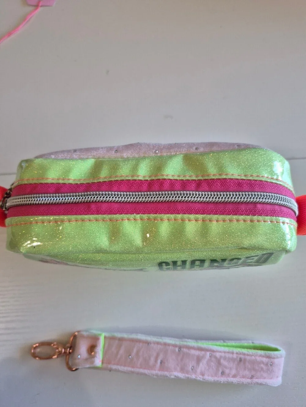 Whimsical Green & pink witches glitter wristlet or clutch